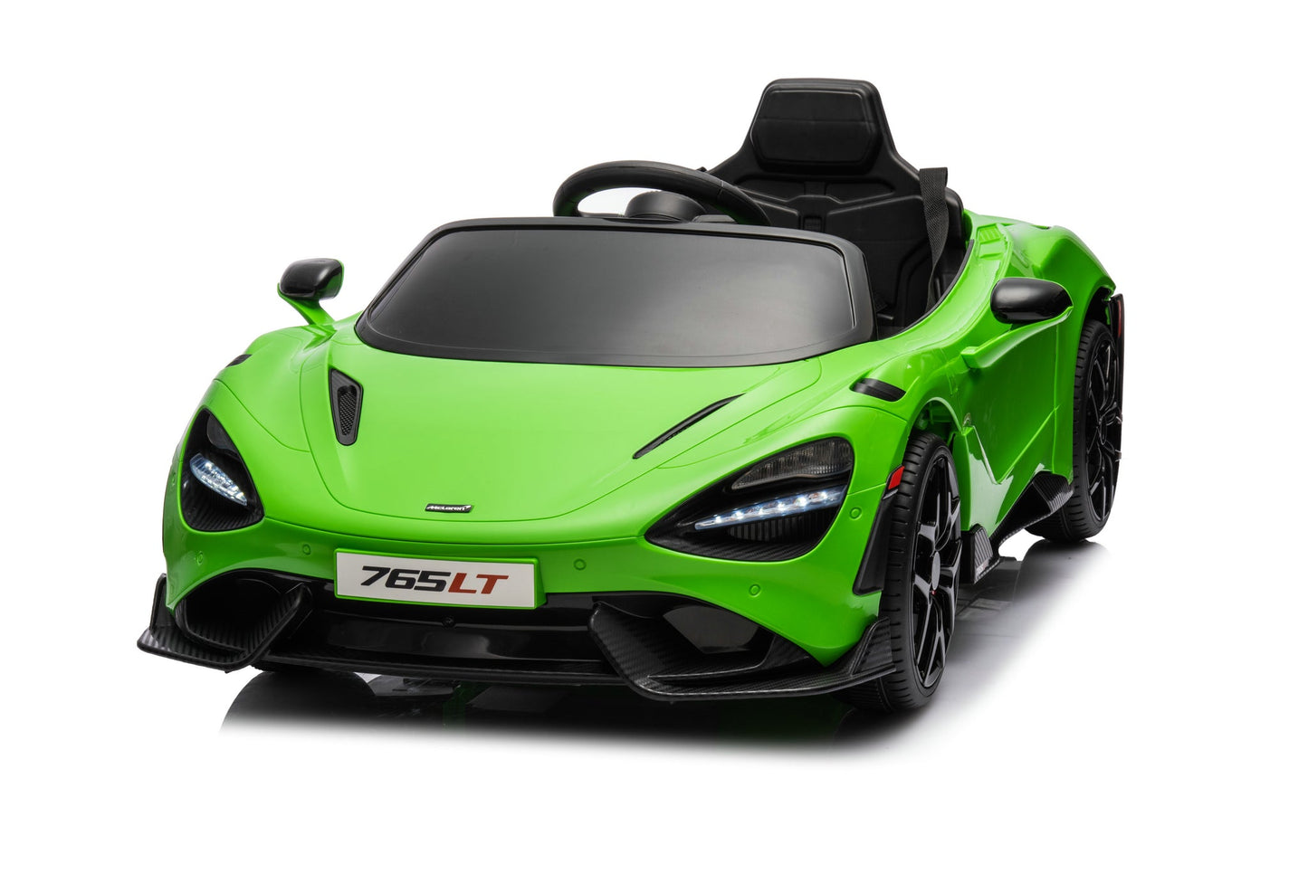 McLaren 765LT 12V Kids Ride-On Car in green with rubber tires, leather seat, LED lights, butterfly doors, parental remote control, and rechargeable battery.
electric-powered kids ride on car McLaren 765LT 12v