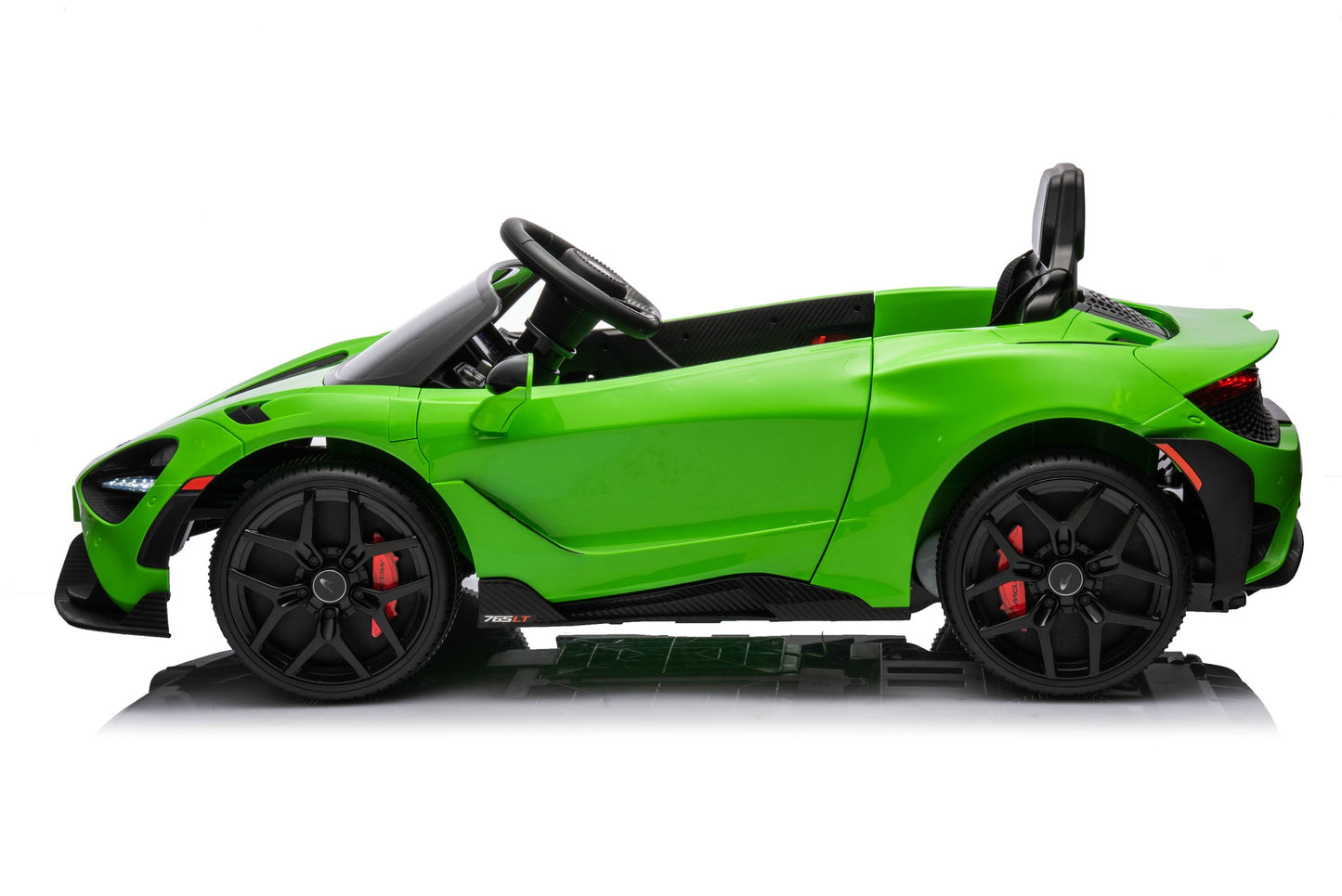 McLaren 765LT 12V Kids Ride-On Car in green with rubber tires, leather seat, LED lights, butterfly doors, parental remote control, and rechargeable battery.
electric-powered kids ride on car McLaren 765LT 12v