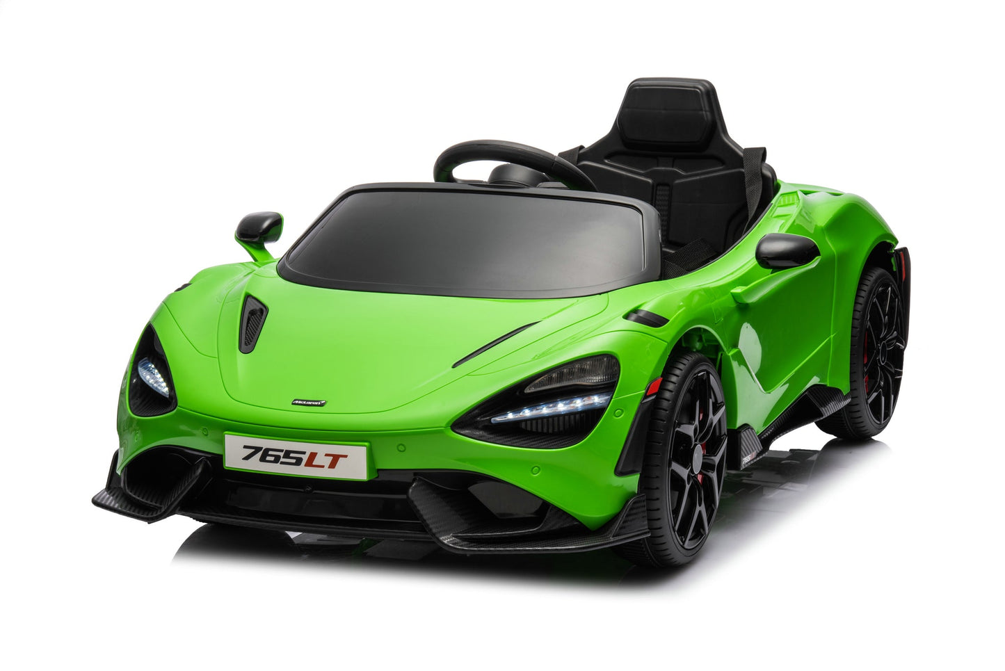McLaren 765LT 12V Kids Ride-On Car in green with rubber tires, leather seat, LED lights, butterfly doors, parental remote control, and rechargeable battery.
electric-powered kids ride on car McLaren 765LT 12v