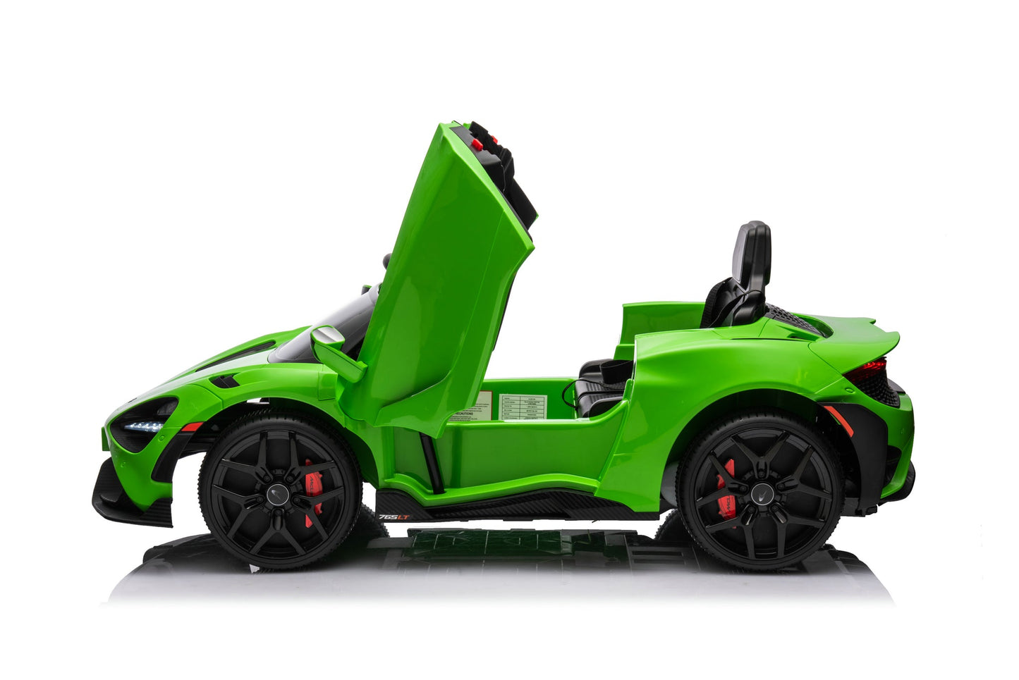 McLaren 765LT 12V Kids Ride-On Car in green with rubber tires, leather seat, LED lights, butterfly doors, parental remote control, and rechargeable battery.
electric-powered kids ride on car McLaren 765LT 12v