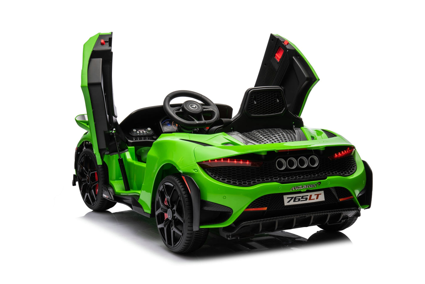 McLaren 765LT 12V Kids Ride-On Car in green with rubber tires, leather seat, LED lights, butterfly doors, parental remote control, and rechargeable battery.
electric-powered kids ride on car McLaren 765LT 12v