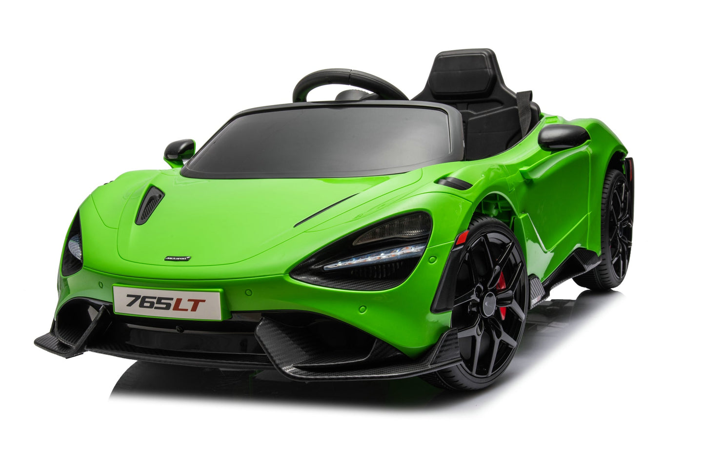 McLaren 765LT 12V Kids Ride-On Car in green with rubber tires, leather seat, LED lights, butterfly doors, parental remote control, and rechargeable battery.
electric-powered kids ride on car McLaren 765LT 12v