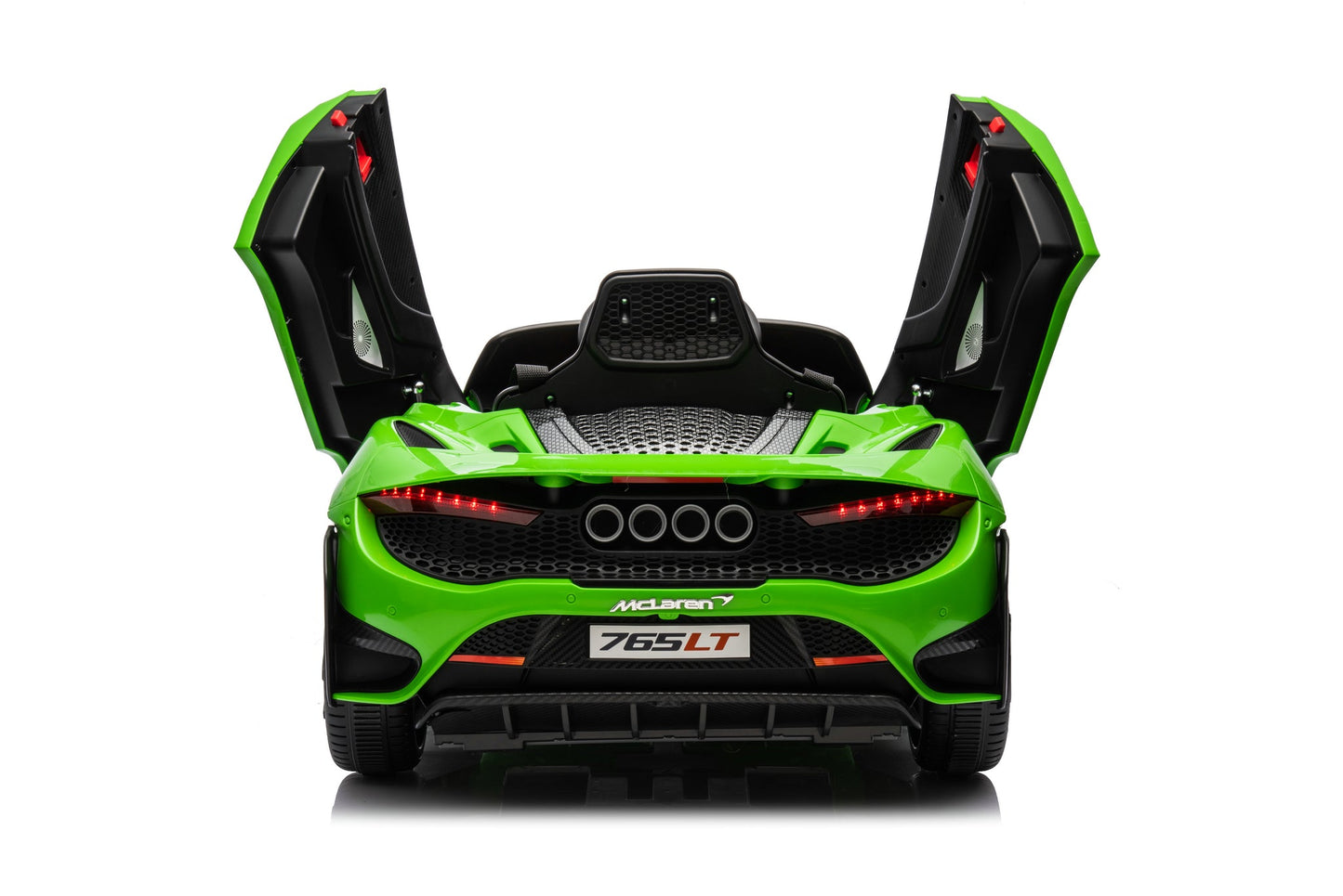 McLaren 765LT 12V Kids Ride-On Car in green with rubber tires, leather seat, LED lights, butterfly doors, parental remote control, and rechargeable battery.
electric-powered kids ride on car McLaren 765LT 12v