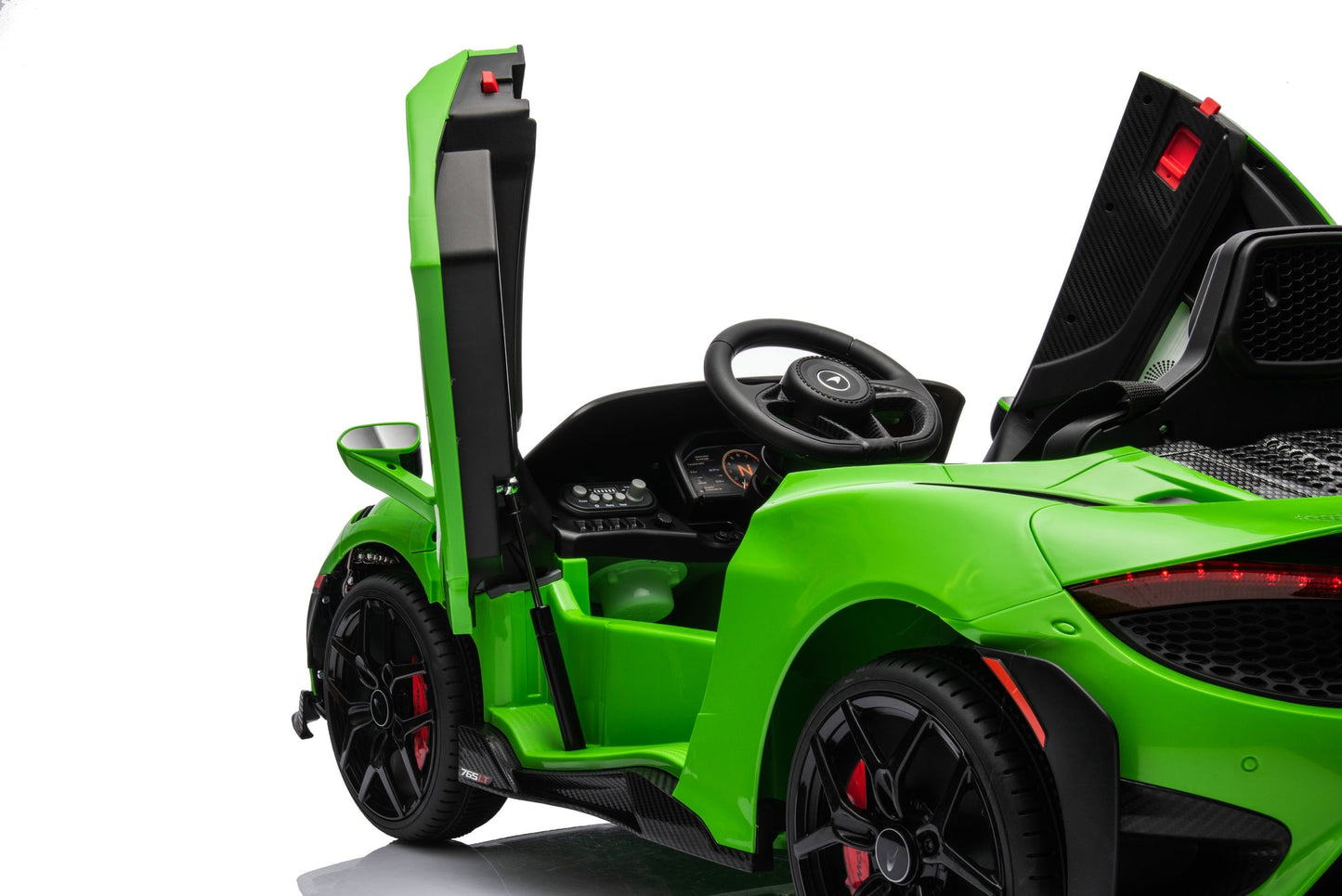 McLaren 765LT 12V Kids Ride-On Car in green with rubber tires, leather seat, LED lights, butterfly doors, parental remote control, and rechargeable battery.
electric-powered kids ride on car McLaren 765LT 12v