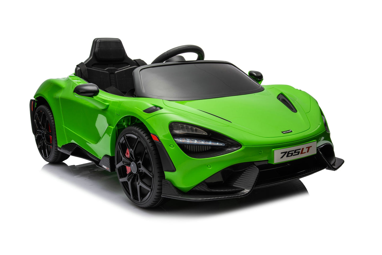 McLaren 765LT 12V Kids Ride-On Car in green with rubber tires, leather seat, LED lights, butterfly doors, parental remote control, and rechargeable battery.
electric-powered kids ride on car McLaren 765LT 12v