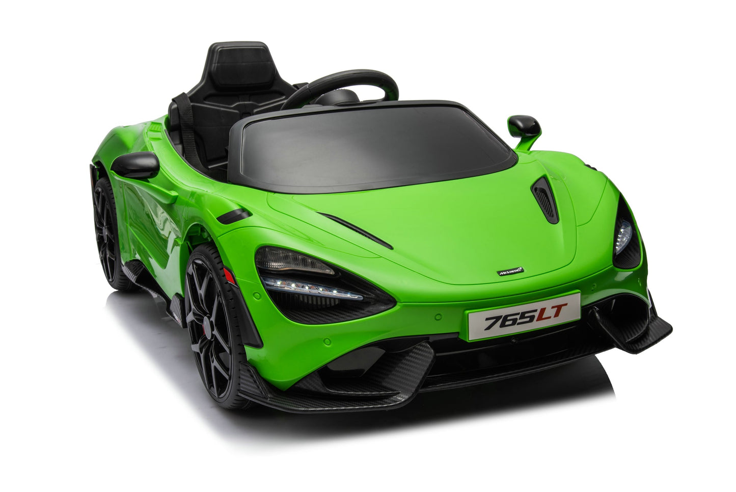 McLaren 765LT 12V Kids Ride-On Car in green with rubber tires, leather seat, LED lights, butterfly doors, parental remote control, and rechargeable battery.
electric-powered kids ride on car McLaren 765LT 12v