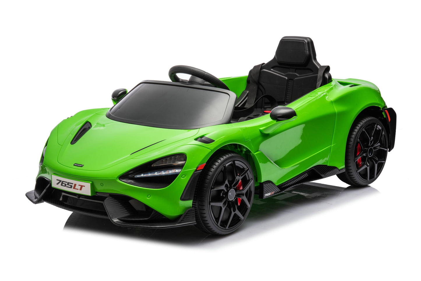 McLaren 765LT 12V Kids Ride-On Car in green with rubber tires, leather seat, LED lights, butterfly doors, parental remote control, and rechargeable battery.
electric-powered kids ride on car McLaren 765LT 12v