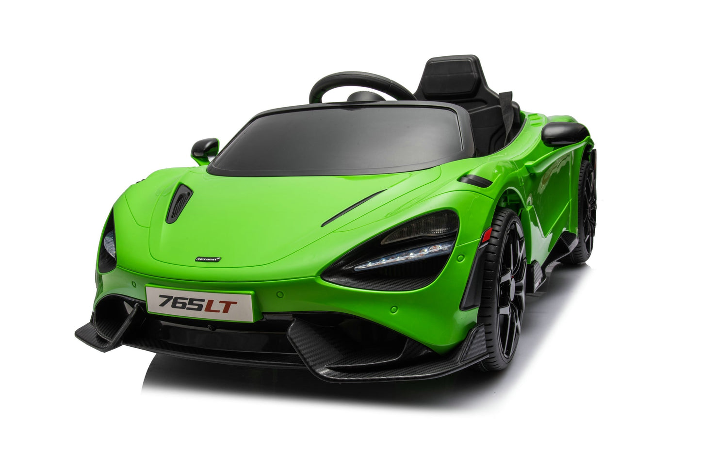McLaren 765LT 12V Kids Ride-On Car in green with rubber tires, leather seat, LED lights, butterfly doors, parental remote control, and rechargeable battery.
electric-powered kids ride on car McLaren 765LT 12v