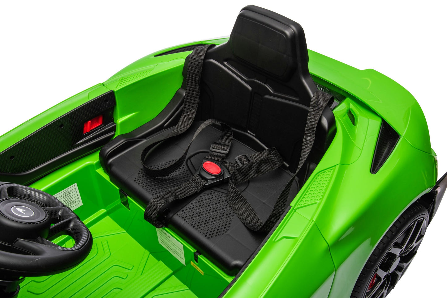 McLaren 765LT 12V Kids Ride-On Car in green with rubber tires, leather seat, LED lights, butterfly doors, parental remote control, and rechargeable battery.
electric-powered kids ride on car McLaren 765LT 12v