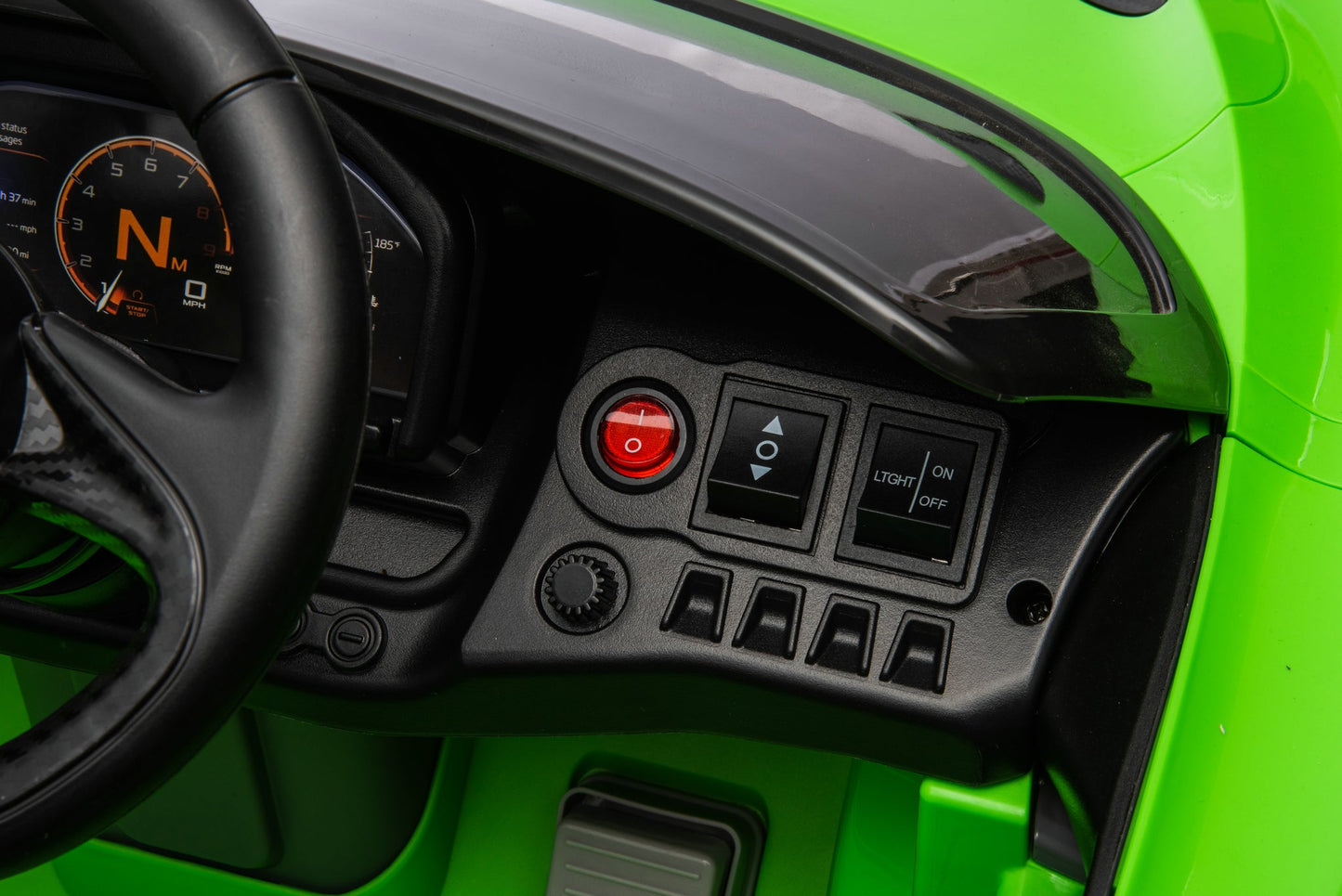 McLaren 765LT 12V Kids Ride-On Car in green with rubber tires, leather seat, LED lights, butterfly doors, parental remote control, and rechargeable battery.
electric-powered kids ride on car McLaren 765LT 12v