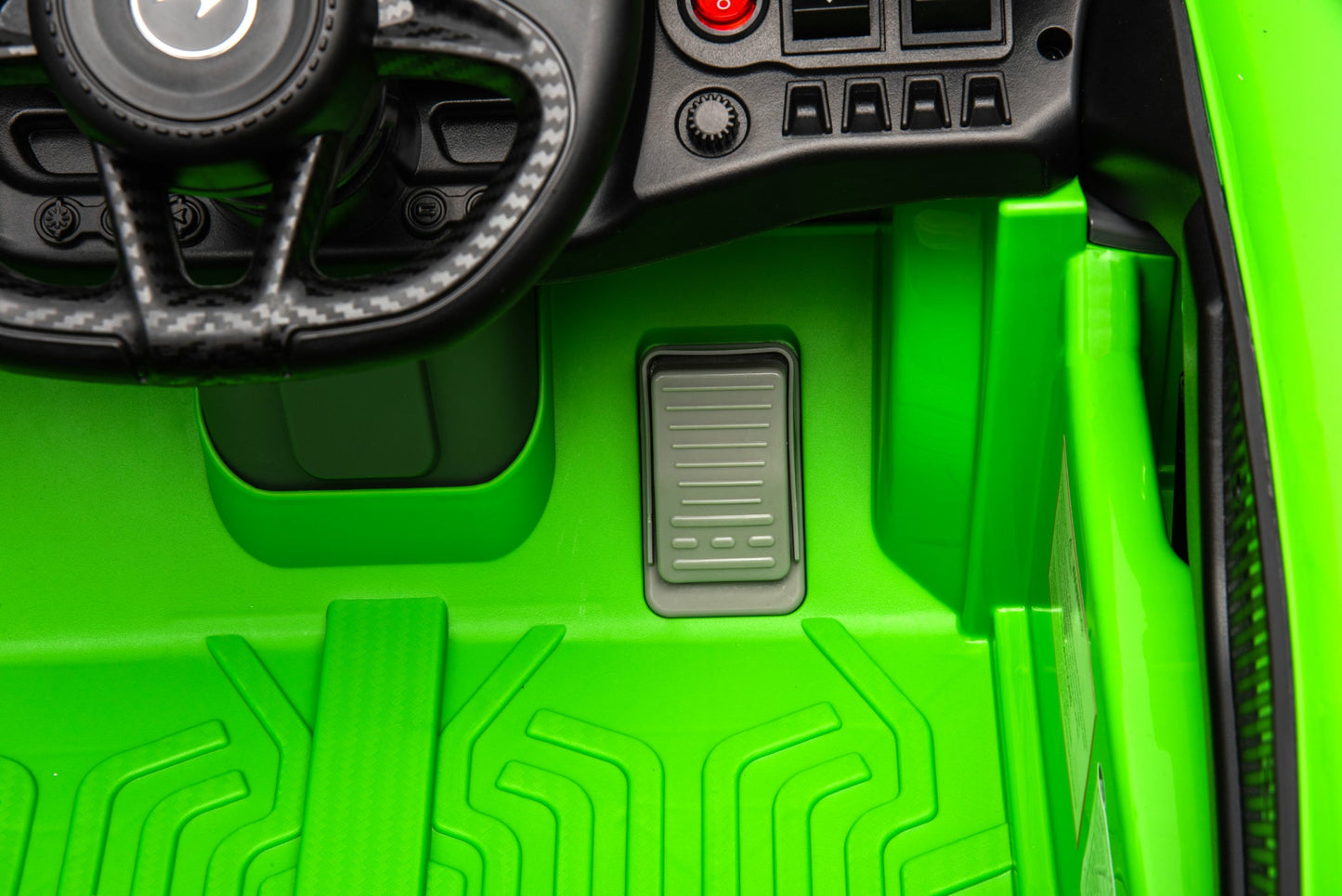McLaren 765LT 12V Kids Ride-On Car in green with rubber tires, leather seat, LED lights, butterfly doors, parental remote control, and rechargeable battery.
electric-powered kids ride on car McLaren 765LT 12v