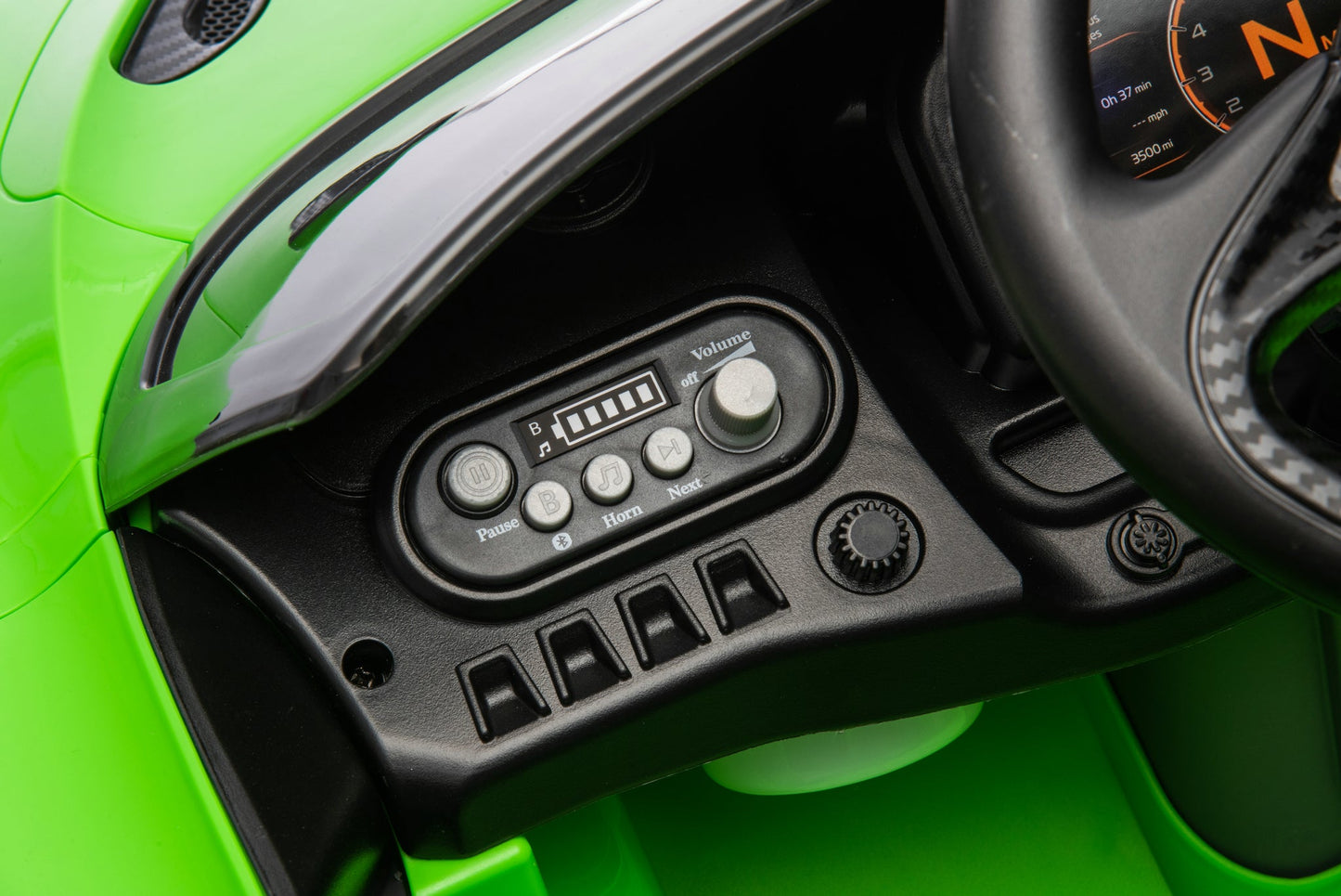 McLaren 765LT 12V Kids Ride-On Car in green with rubber tires, leather seat, LED lights, butterfly doors, parental remote control, and rechargeable battery.
electric-powered kids ride on car McLaren 765LT 12v