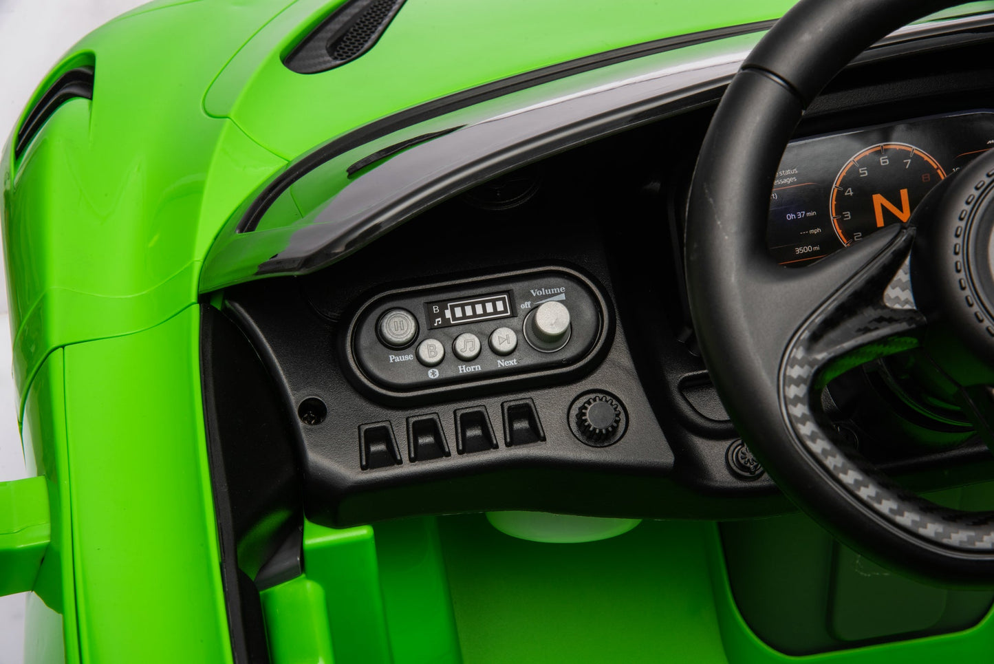 McLaren 765LT 12V Kids Ride-On Car in green with rubber tires, leather seat, LED lights, butterfly doors, parental remote control, and rechargeable battery.
electric-powered kids ride on car McLaren 765LT 12v