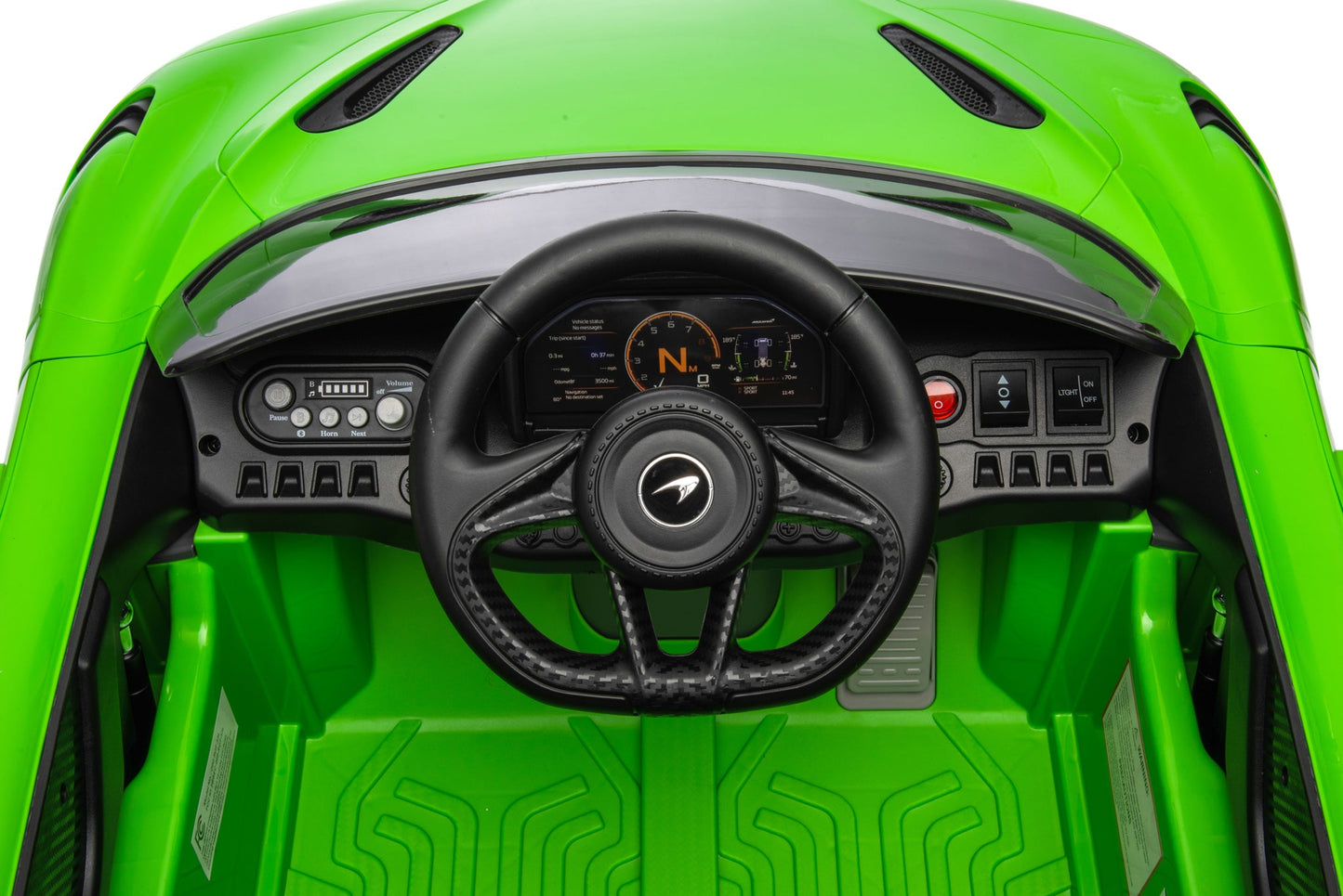 McLaren 765LT 12V Kids Ride-On Car in green with rubber tires, leather seat, LED lights, butterfly doors, parental remote control, and rechargeable battery.
electric-powered kids ride on car McLaren 765LT 12v