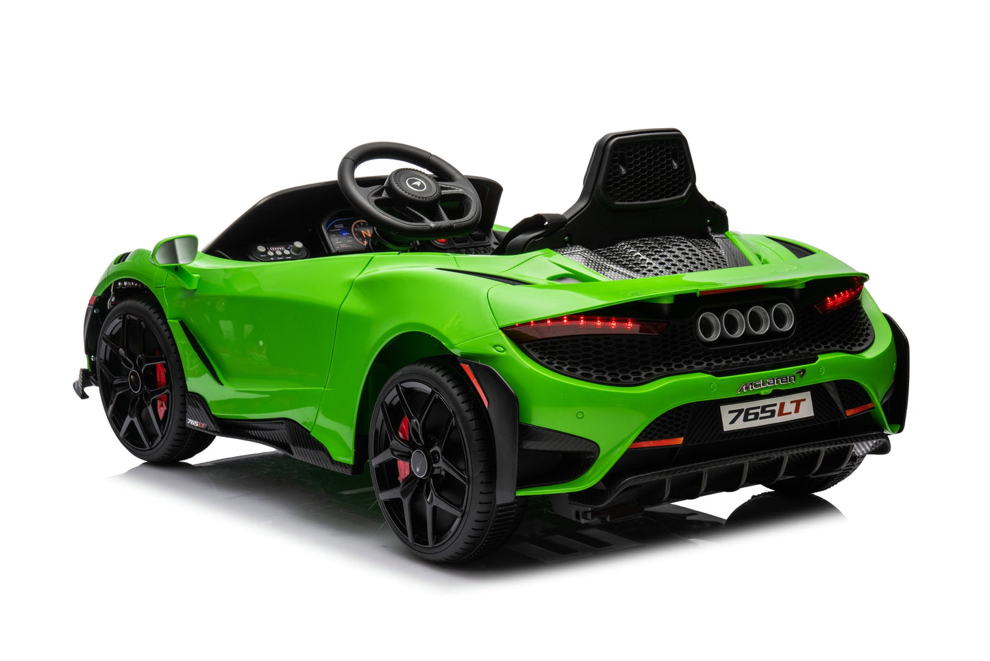 McLaren 765LT 12V Kids Ride-On Car in green with rubber tires, leather seat, LED lights, butterfly doors, parental remote control, and rechargeable battery.
electric-powered kids ride on car McLaren 765LT 12v