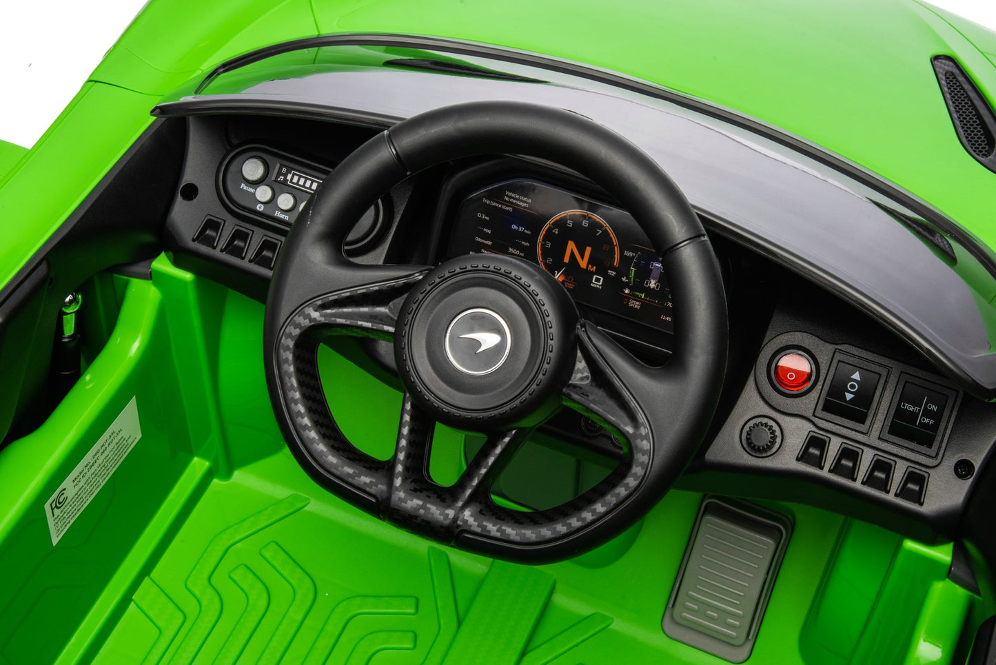 McLaren 765LT 12V Kids Ride-On Car in green with rubber tires, leather seat, LED lights, butterfly doors, parental remote control, and rechargeable battery.
electric-powered kids ride on car McLaren 765LT 12v