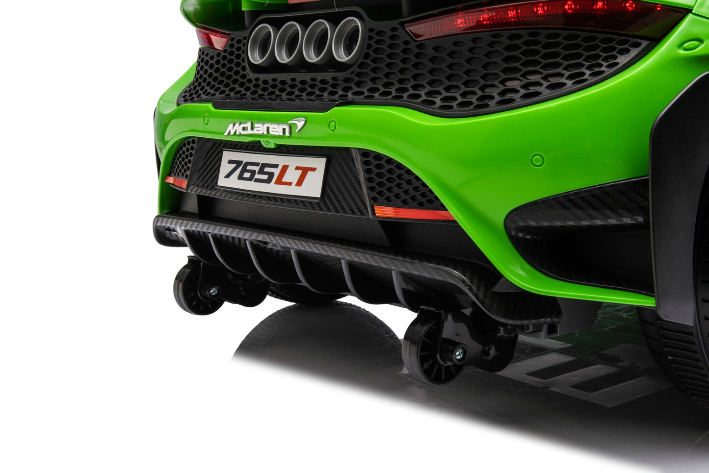 McLaren 765LT 12V Kids Ride-On Car in green with rubber tires, leather seat, LED lights, butterfly doors, parental remote control, and rechargeable battery.
electric-powered kids ride on car McLaren 765LT 12v