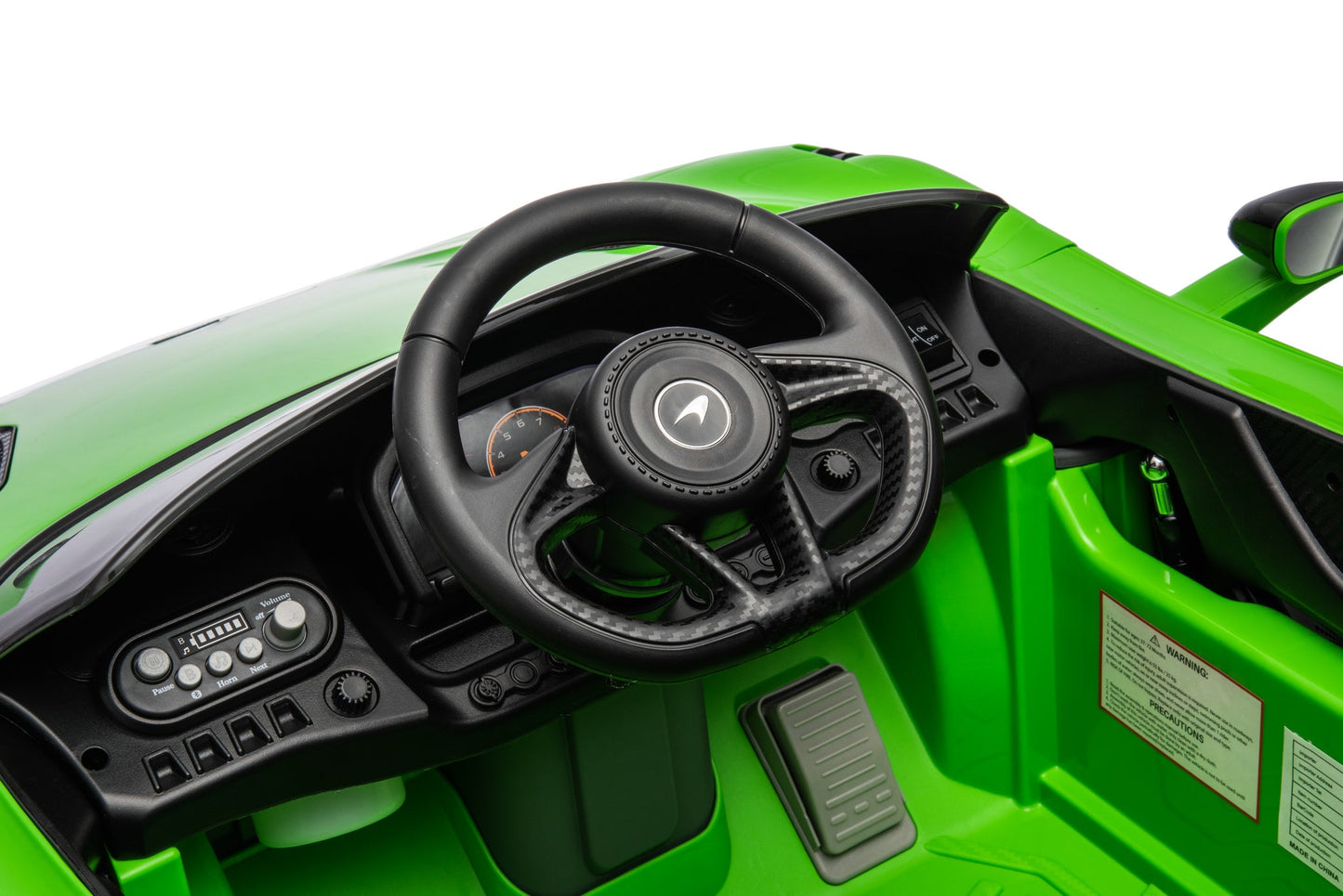 McLaren 765LT 12V Kids Ride-On Car in green with rubber tires, leather seat, LED lights, butterfly doors, parental remote control, and rechargeable battery.
electric-powered kids ride on car McLaren 765LT 12v