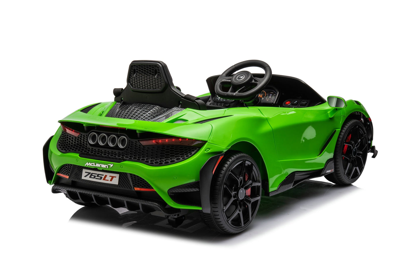 McLaren 765LT 12V Kids Ride-On Car in green with rubber tires, leather seat, LED lights, butterfly doors, parental remote control, and rechargeable battery.
electric-powered kids ride on car McLaren 765LT 12v