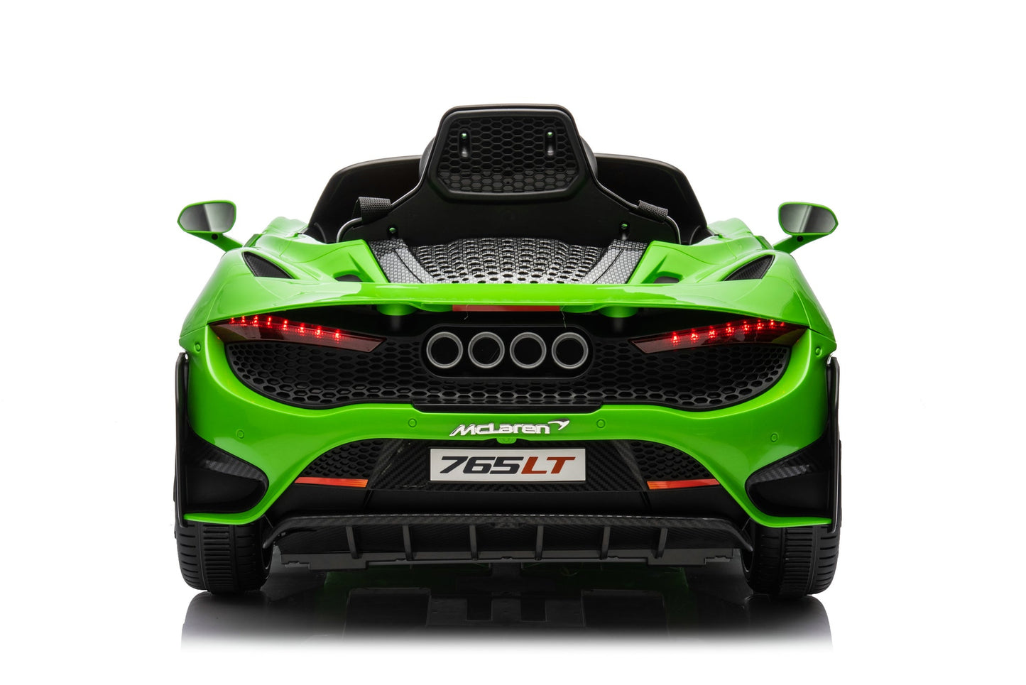 McLaren 765LT 12V Kids Ride-On Car in green with rubber tires, leather seat, LED lights, butterfly doors, parental remote control, and rechargeable battery.
electric-powered kids ride on car McLaren 765LT 12v