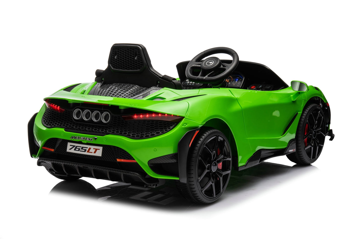 McLaren 765LT 12V Kids Ride-On Car in green with rubber tires, leather seat, LED lights, butterfly doors, parental remote control, and rechargeable battery.
electric-powered kids ride on car McLaren 765LT 12v