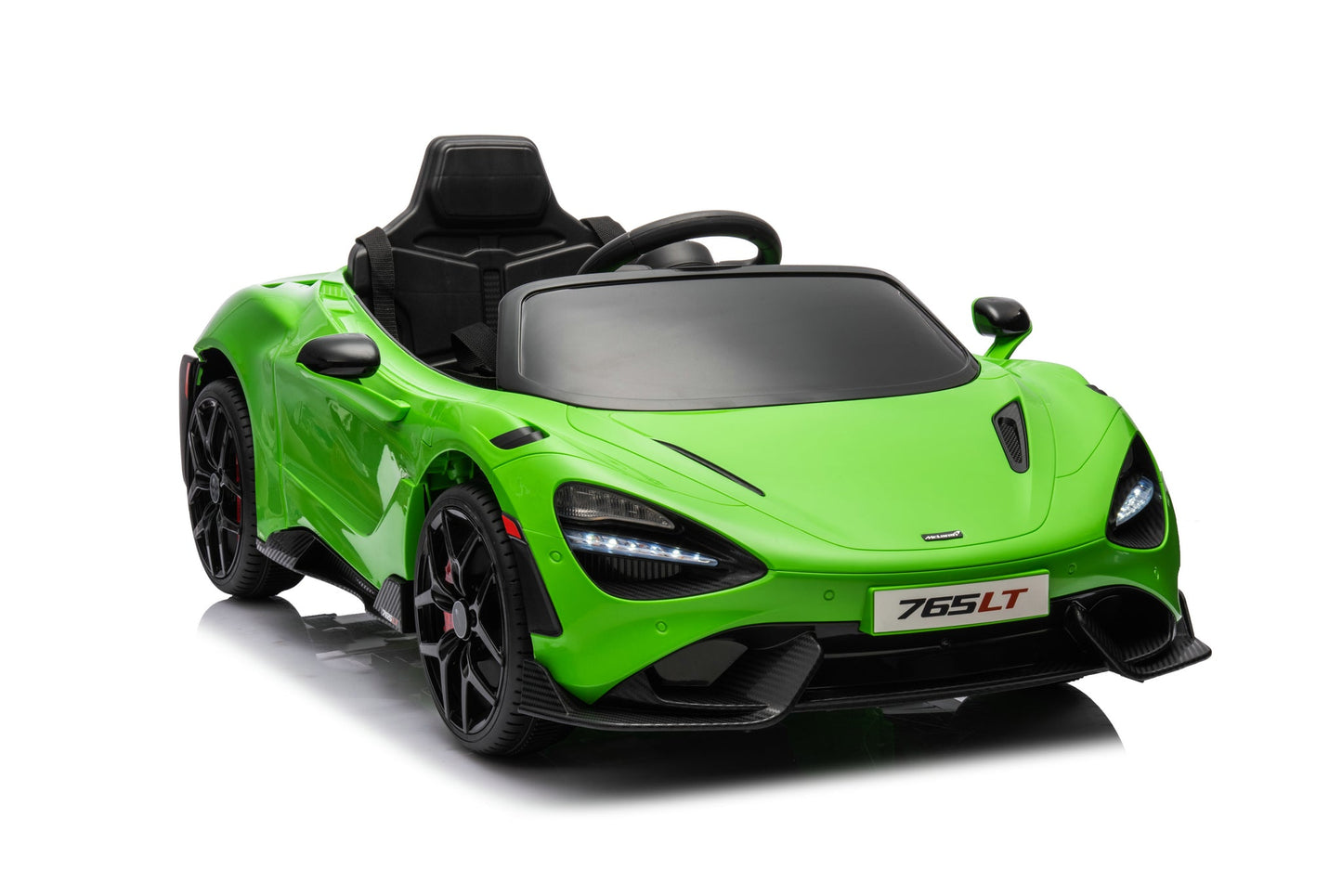 McLaren 765LT 12V Kids Ride-On Car in green with rubber tires, leather seat, LED lights, butterfly doors, parental remote control, and rechargeable battery.
electric-powered kids ride on car McLaren 765LT 12v