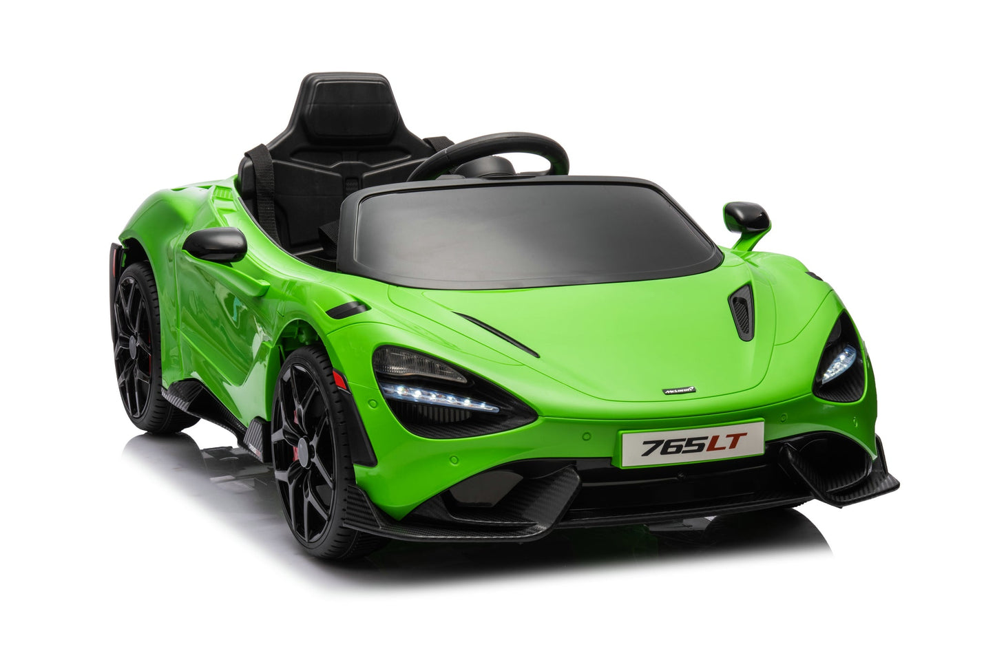 McLaren 765LT 12V Kids Ride-On Car in green with rubber tires, leather seat, LED lights, butterfly doors, parental remote control, and rechargeable battery.
electric-powered kids ride on car McLaren 765LT 12v