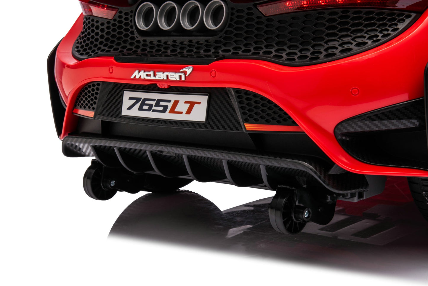 McLaren 765LT 12V Kids Ride-On Car in orange with rubber tires, leather seat, LED lights, butterfly doors, parental remote control, and rechargeable battery.