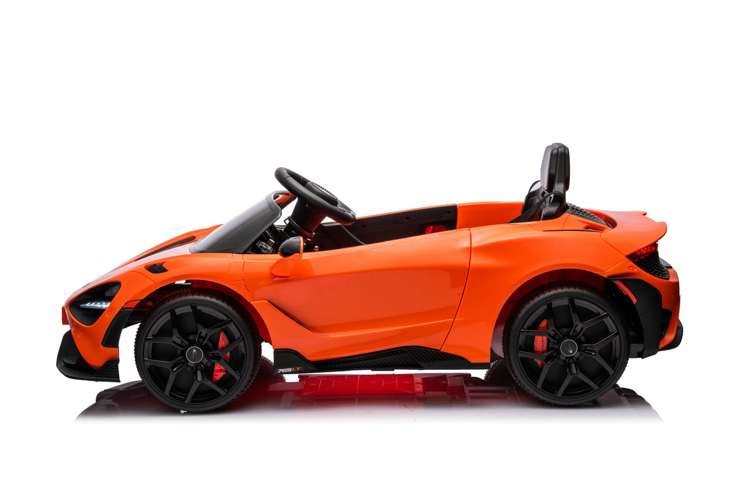 McLaren 765LT 12V Kids Ride-On Car in orange with rubber tires, leather seat, LED lights, butterfly doors, parental remote control, and rechargeable battery.
electric-powered kids ride on car McLaren 765LT 12v