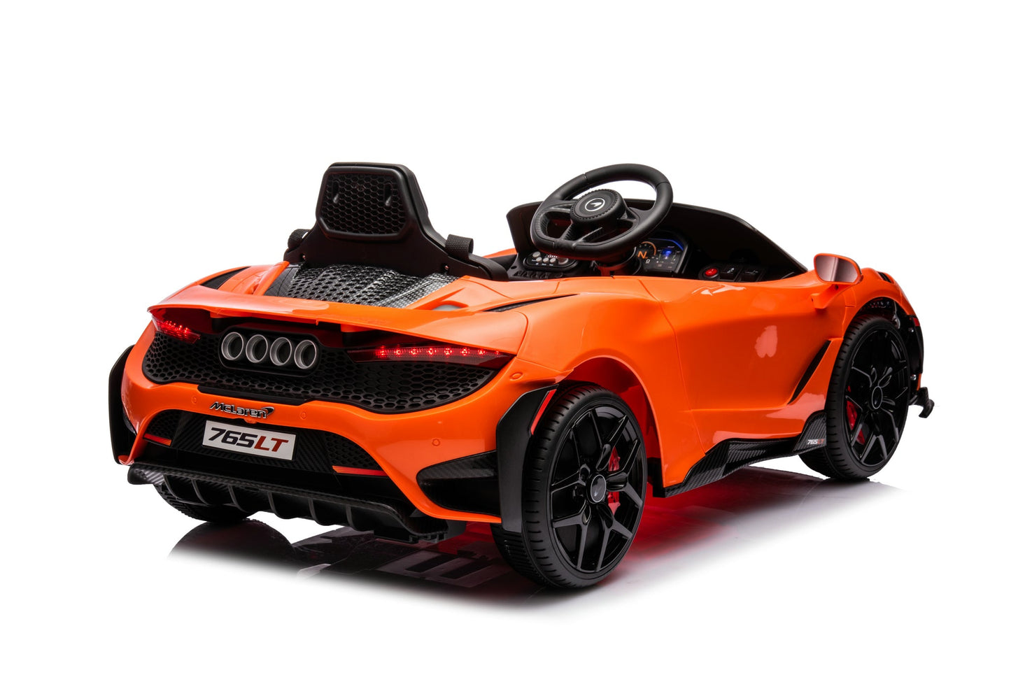 McLaren 765LT 12V Kids Ride-On Car in orange with rubber tires, leather seat, LED lights, butterfly doors, parental remote control, and rechargeable battery.
electric-powered kids ride on car McLaren 765LT 12v