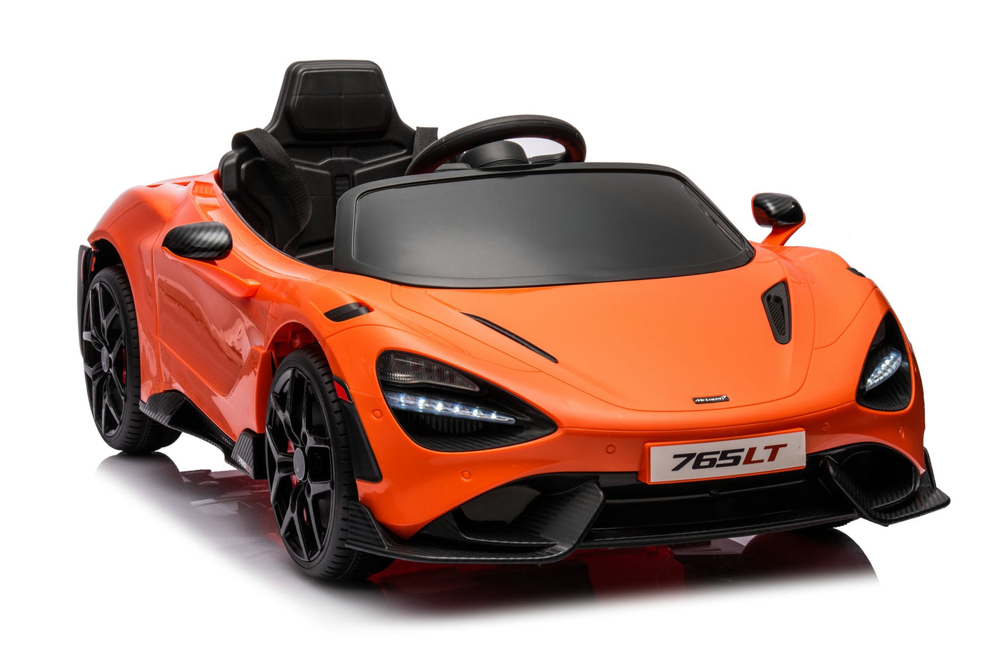 McLaren 765LT 12V Kids Ride-On Car in orange with rubber tires, leather seat, LED lights, butterfly doors, parental remote control, and rechargeable battery.
electric-powered kids ride on car McLaren 765LT 12v