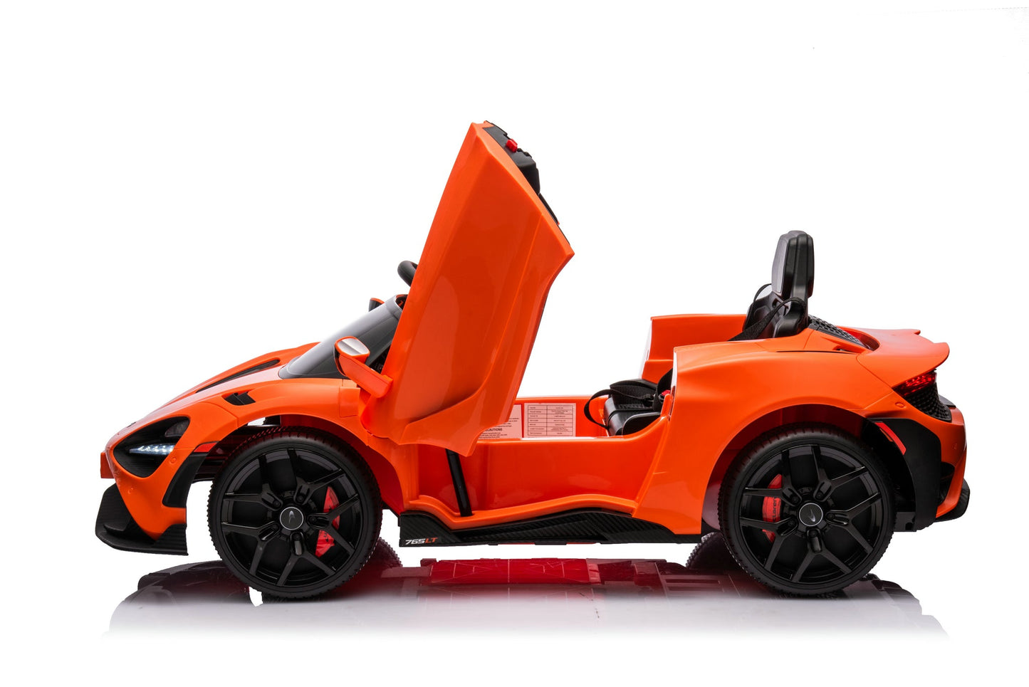 McLaren 765LT 12V Kids Ride-On Car in orange with rubber tires, leather seat, LED lights, butterfly doors, parental remote control, and rechargeable battery.
electric-powered kids ride on car McLaren 765LT 12v