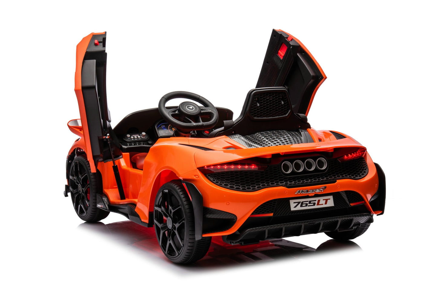 McLaren 765LT 12V Kids Ride-On Car in orange with rubber tires, leather seat, LED lights, butterfly doors, parental remote control, and rechargeable battery.
electric-powered kids ride on car McLaren 765LT 12v