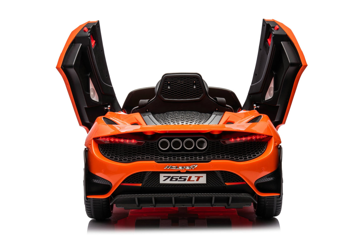 McLaren 765LT 12V Kids Ride-On Car in orange with rubber tires, leather seat, LED lights, butterfly doors, parental remote control, and rechargeable battery.
electric-powered kids ride on car McLaren 765LT 12v