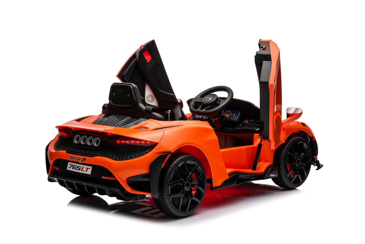 McLaren 765LT 12V Kids Ride-On Car in orange with rubber tires, leather seat, LED lights, butterfly doors, parental remote control, and rechargeable battery.
electric-powered kids ride on car McLaren 765LT 12v