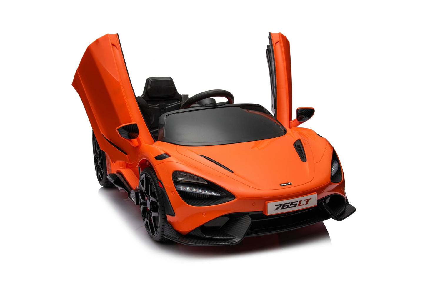 McLaren 765LT 12V Kids Ride-On Car in orange with rubber tires, leather seat, LED lights, butterfly doors, parental remote control, and rechargeable battery.
electric-powered kids ride on car McLaren 765LT 12v