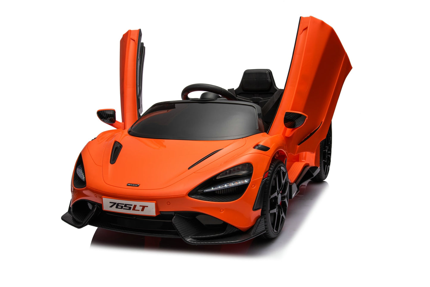McLaren 765LT 12V Kids Ride-On Car in orange with rubber tires, leather seat, LED lights, butterfly doors, parental remote control, and rechargeable battery.
electric-powered kids ride on car McLaren 765LT 12v