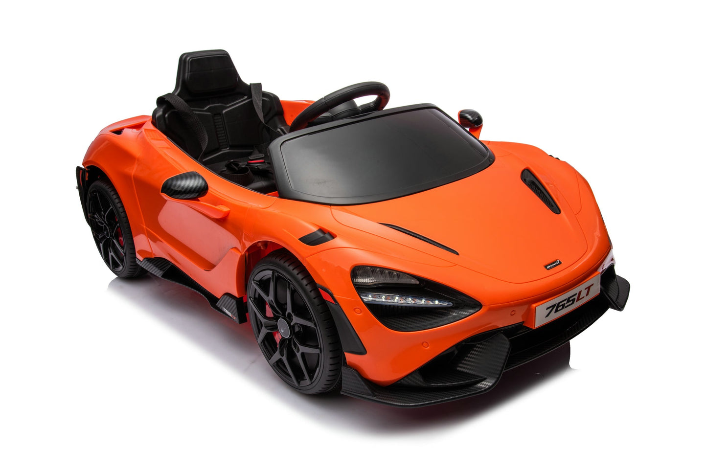 McLaren 765LT 12V Kids Ride-On Car in orange with rubber tires, leather seat, LED lights, butterfly doors, parental remote control, and rechargeable battery.
electric-powered kids ride on car McLaren 765LT 12v