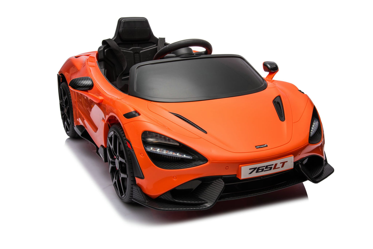 McLaren 765LT 12V Kids Ride-On Car in orange with rubber tires, leather seat, LED lights, butterfly doors, parental remote control, and rechargeable battery.
electric-powered kids ride on car McLaren 765LT 12v