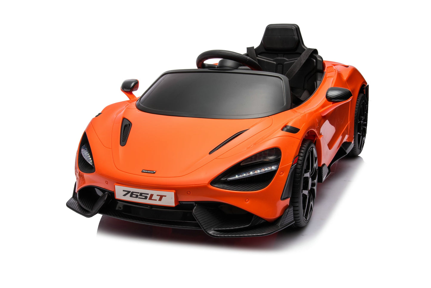 McLaren 765LT 12V Kids Ride-On Car in orange with rubber tires, leather seat, LED lights, butterfly doors, parental remote control, and rechargeable battery.
electric-powered kids ride on car McLaren 765LT 12v
