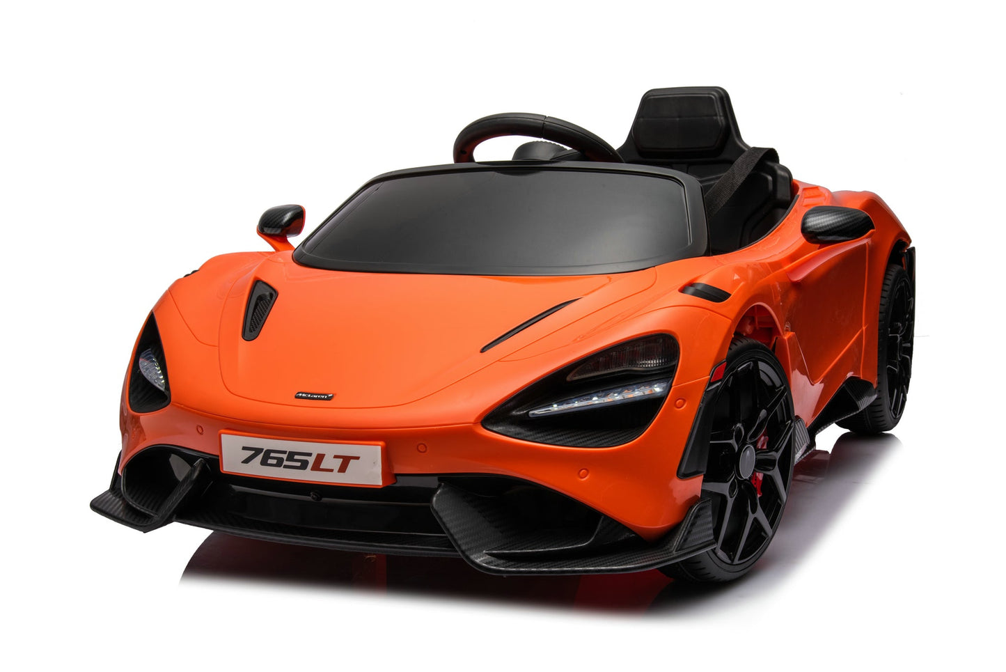McLaren 765LT 12V Kids Ride-On Car in orange with rubber tires, leather seat, LED lights, butterfly doors, parental remote control, and rechargeable battery.
electric-powered kids ride on car McLaren 765LT 12v