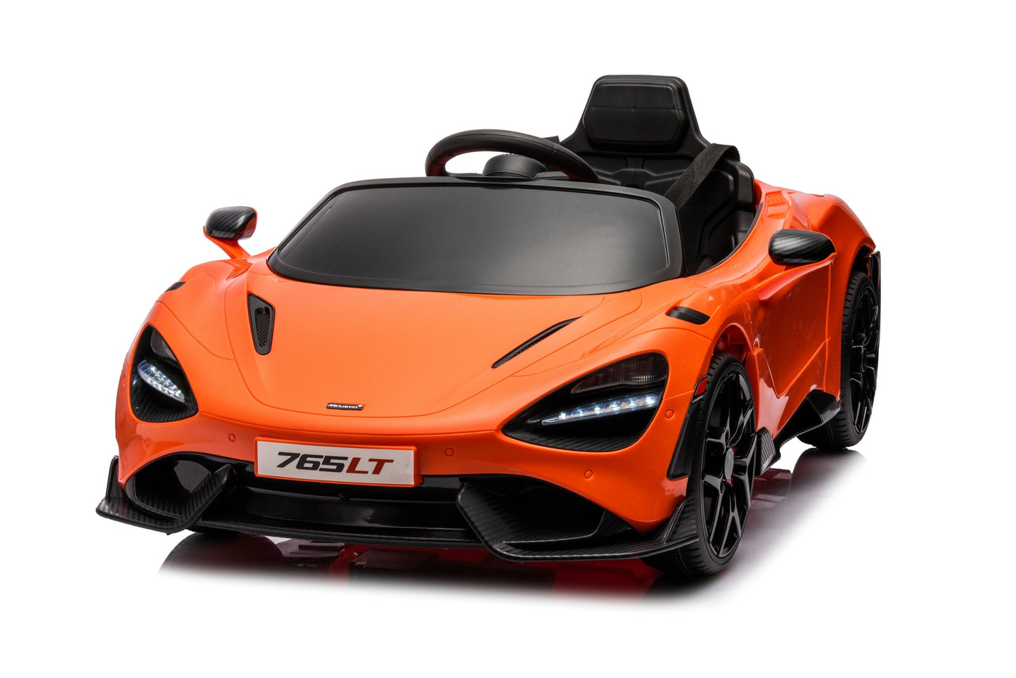 McLaren 765LT 12V Kids Ride-On Car in orange with rubber tires, leather seat, LED lights, butterfly doors, parental remote control, and rechargeable battery.
electric-powered kids ride on car McLaren 765LT 12v