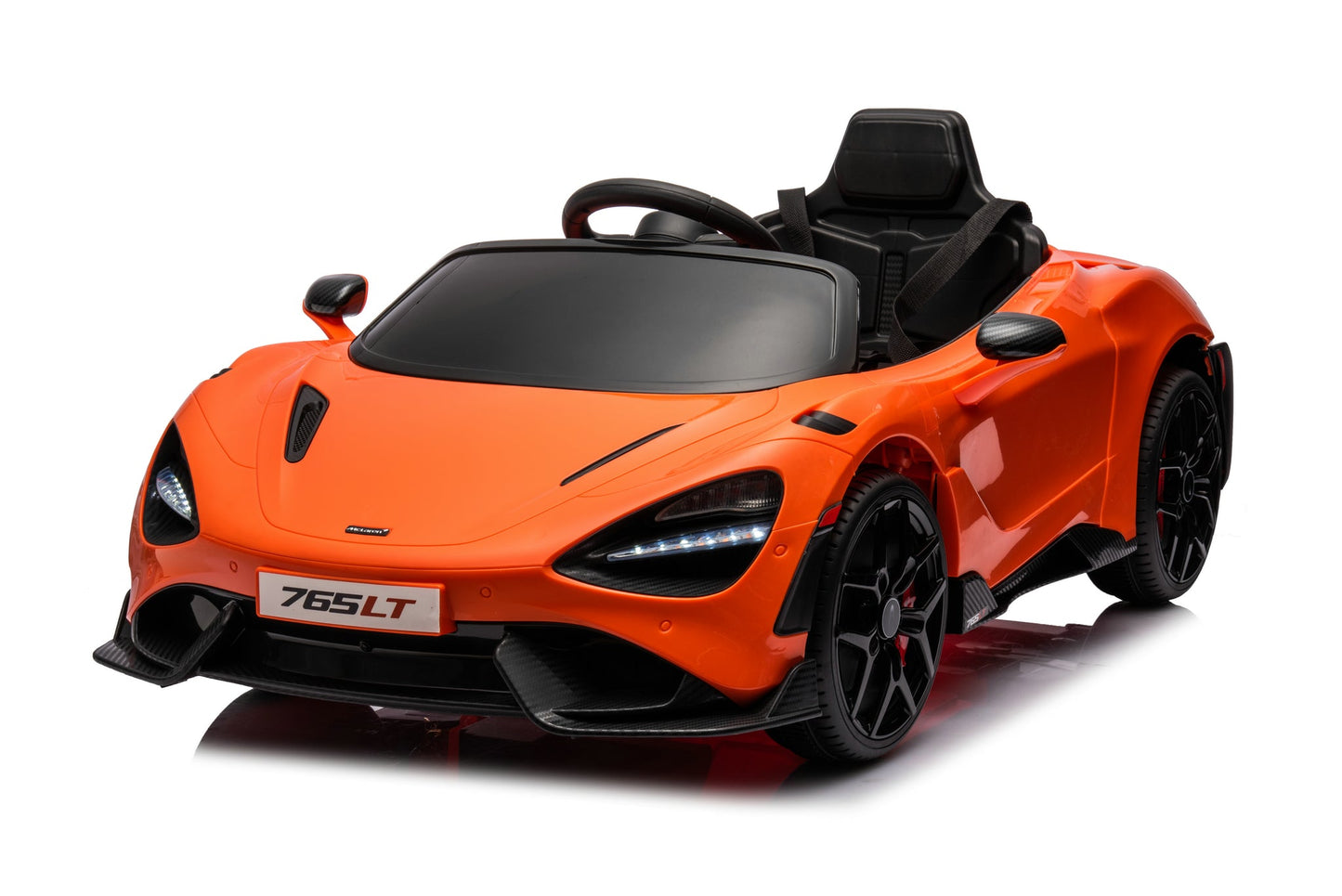 McLaren 765LT 12V Kids Ride-On Car in orange with rubber tires, leather seat, LED lights, butterfly doors, parental remote control, and rechargeable battery.
electric-powered kids ride on car McLaren 765LT 12v