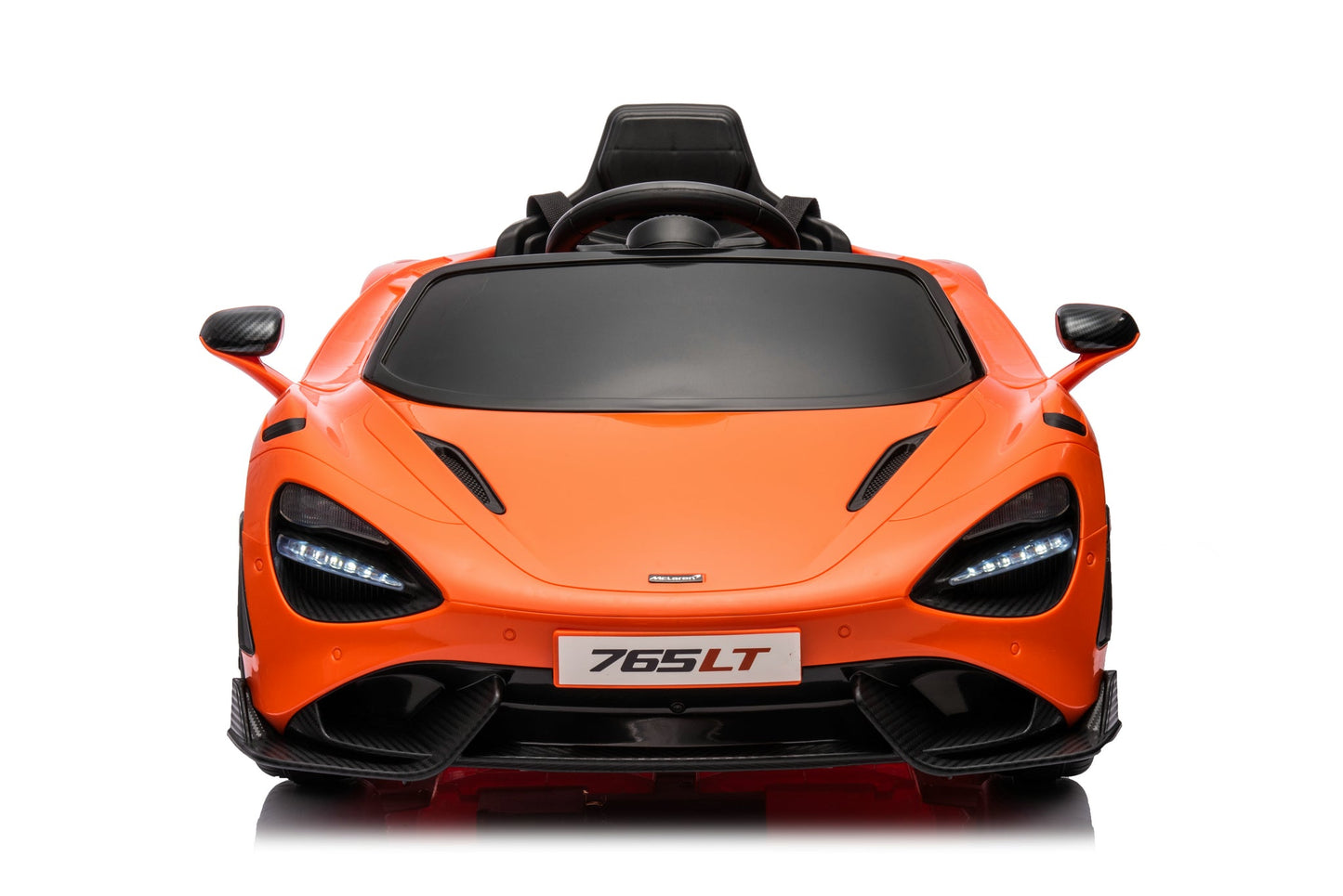 McLaren 765LT 12V Kids Ride-On Car in orange with rubber tires, leather seat, LED lights, butterfly doors, parental remote control, and rechargeable battery.
electric-powered kids ride on car McLaren 765LT 12v