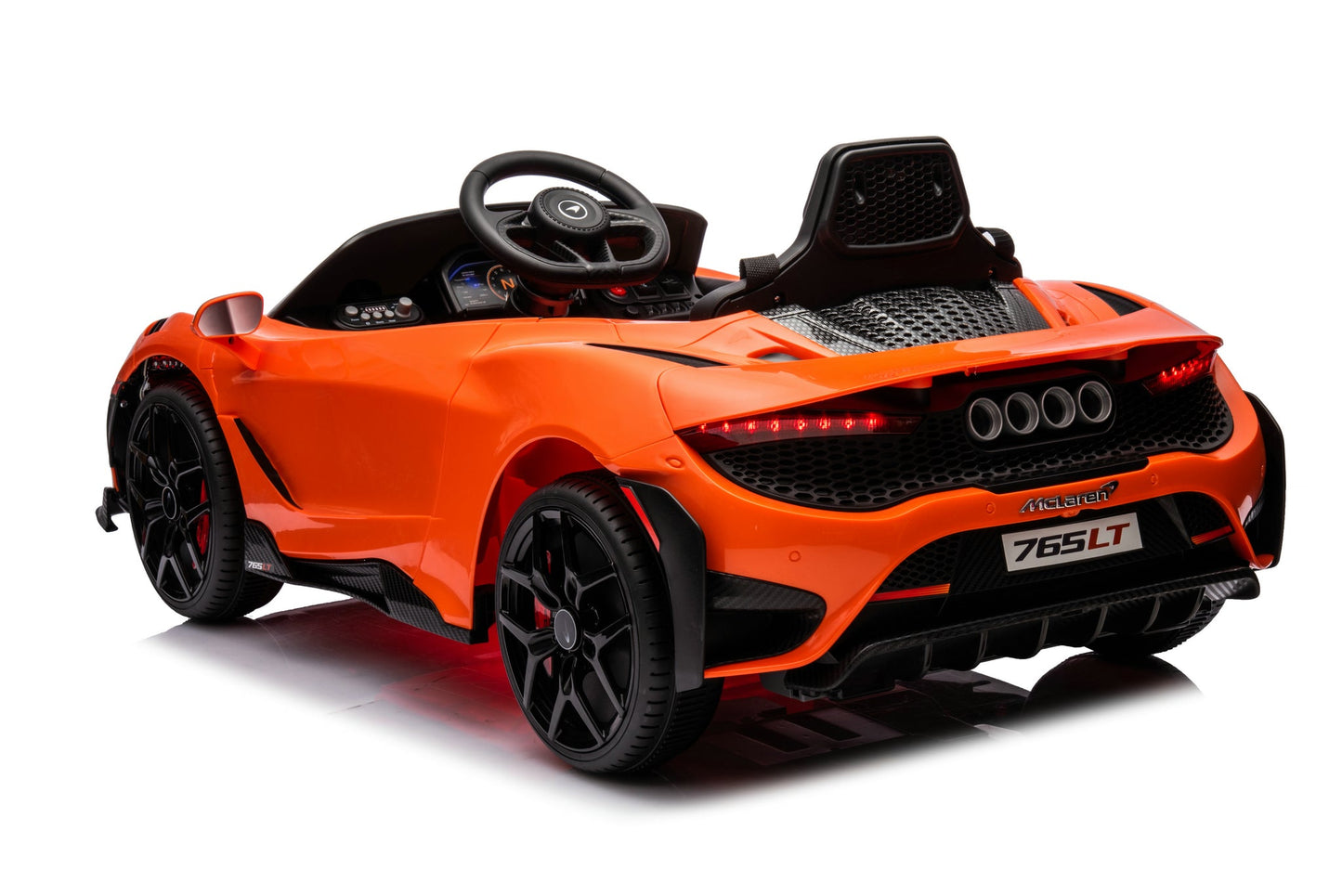 McLaren 765LT 12V Kids Ride-On Car in orange with rubber tires, leather seat, LED lights, butterfly doors, parental remote control, and rechargeable battery.
electric-powered kids ride on car McLaren 765LT 12v