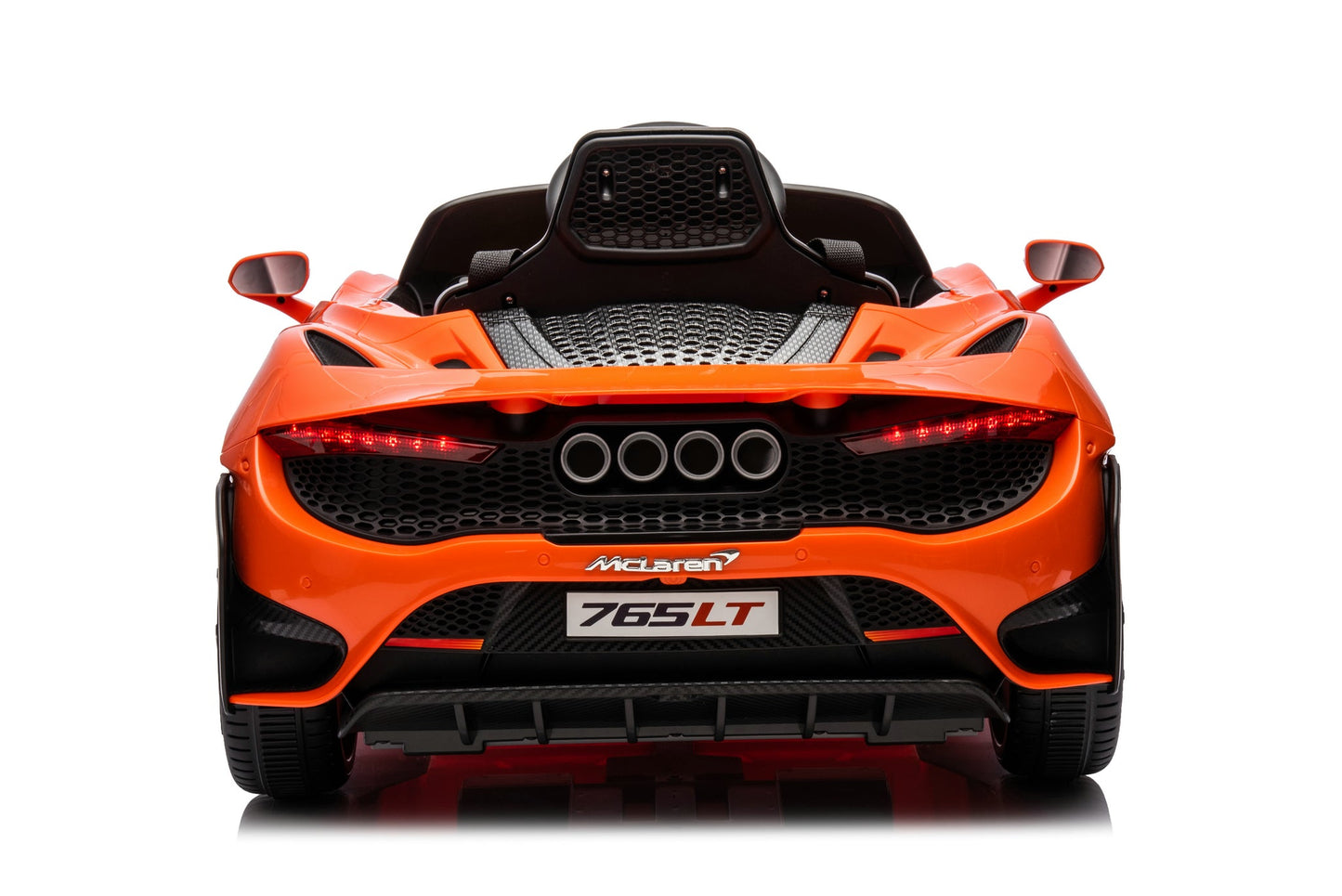 McLaren 765LT 12V Kids Ride-On Car in orange with rubber tires, leather seat, LED lights, butterfly doors, parental remote control, and rechargeable battery.
electric-powered kids ride on car McLaren 765LT 12v