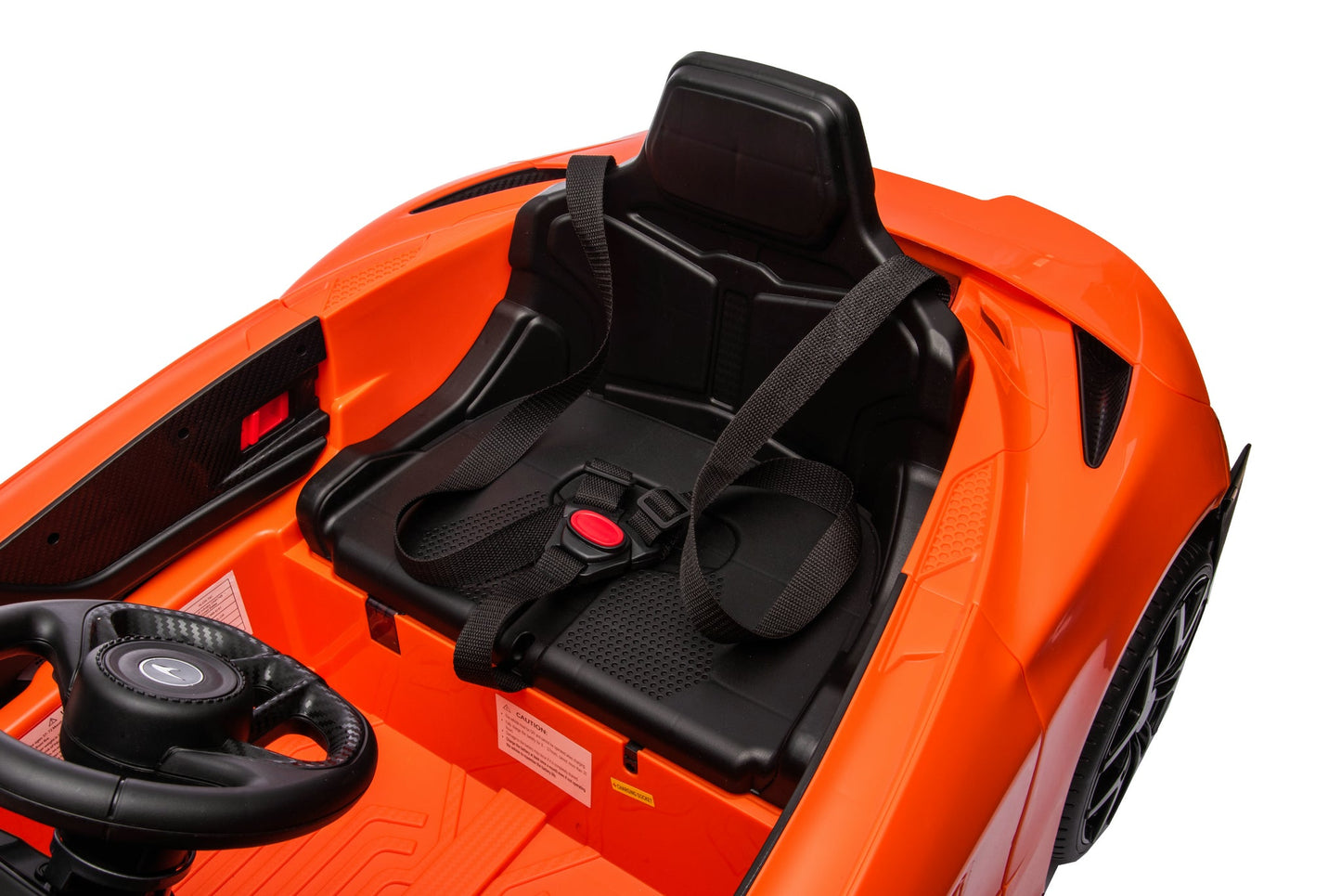 McLaren 765LT 12V Kids Ride-On Car in orange with rubber tires, leather seat, LED lights, butterfly doors, parental remote control, and rechargeable battery.
electric-powered kids ride on car McLaren 765LT 12v