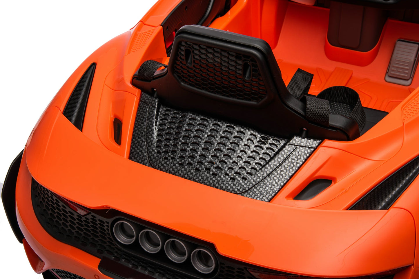 McLaren 765LT 12V Kids Ride-On Car in orange with rubber tires, leather seat, LED lights, butterfly doors, parental remote control, and rechargeable battery.
electric-powered kids ride on car McLaren 765LT 12v