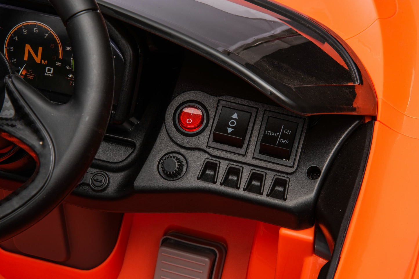 McLaren 765LT 12V Kids Ride-On Car in orange with rubber tires, leather seat, LED lights, butterfly doors, parental remote control, and rechargeable battery.
electric-powered kids ride on car McLaren 765LT 12v