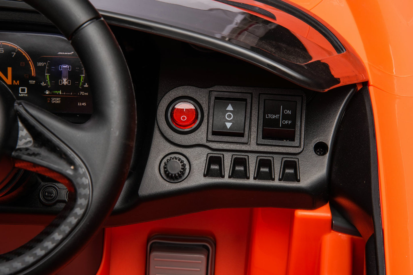 McLaren 765LT 12V Kids Ride-On Car in orange with rubber tires, leather seat, LED lights, butterfly doors, parental remote control, and rechargeable battery.
electric-powered kids ride on car McLaren 765LT 12v